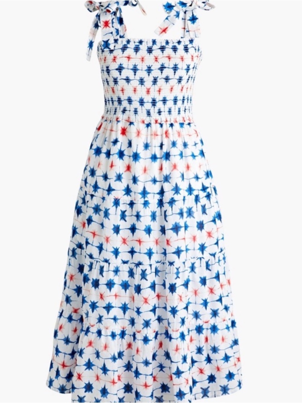 J. Crew White Midi Dress 4th July Blue and Red Starburst Print